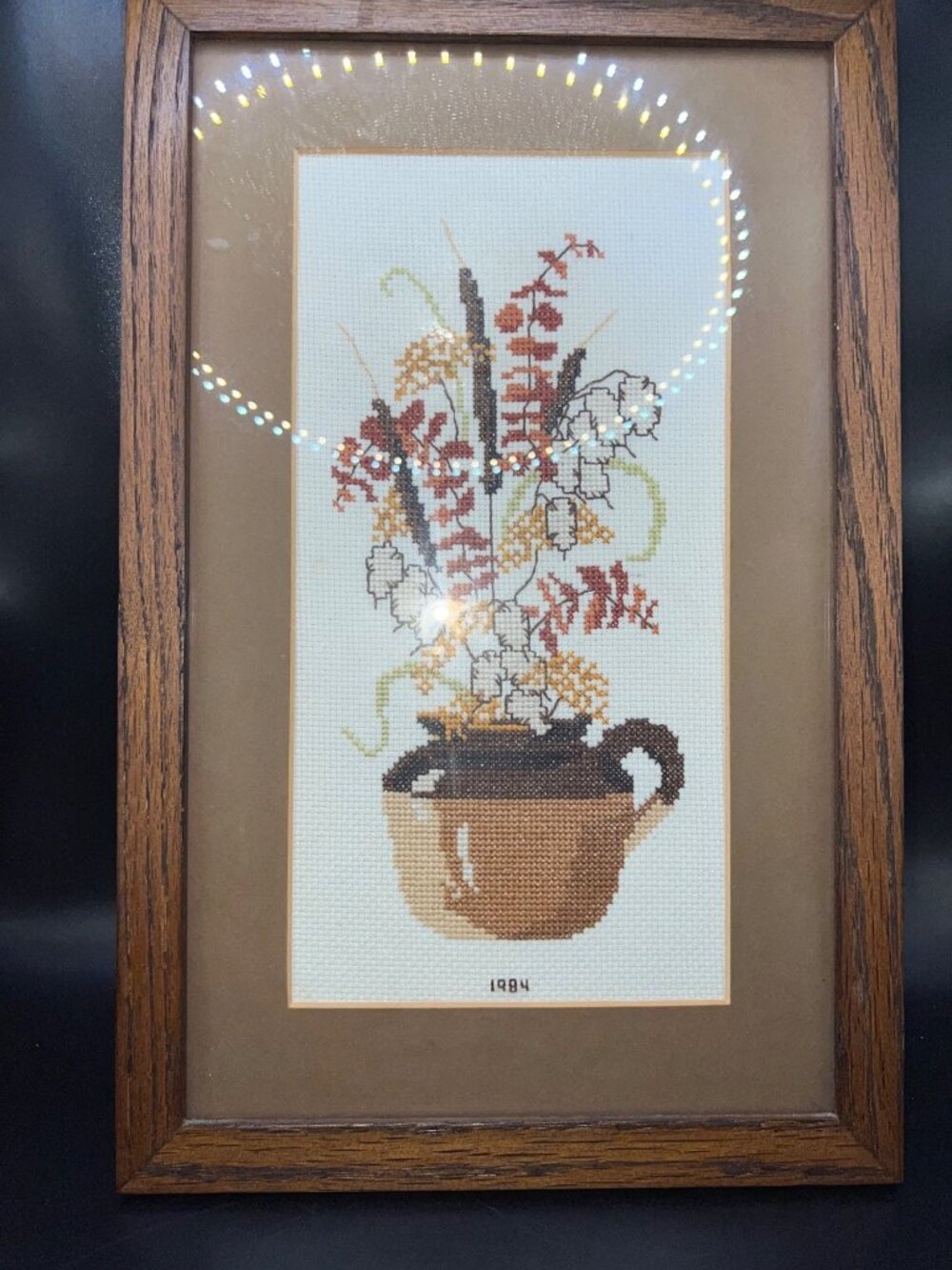 Vintage Framed Cross-Stitch Wall Art Brown Pot & Floral Design 1984 Country Rust